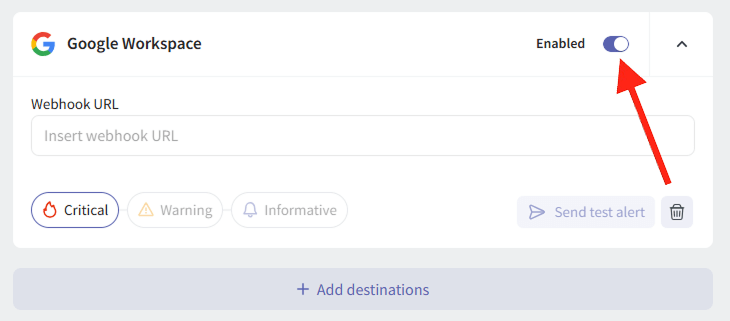 Disable Google Workspace Alert Destination