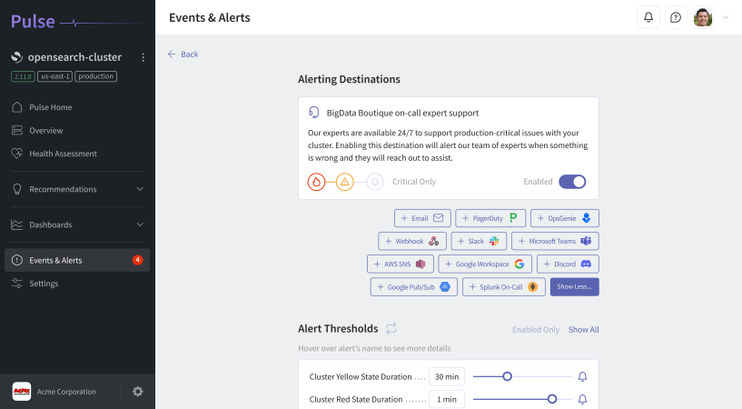 Inside Pulse events and alerts destinations page