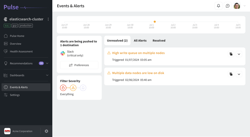 Inside Pulse events and alerts page