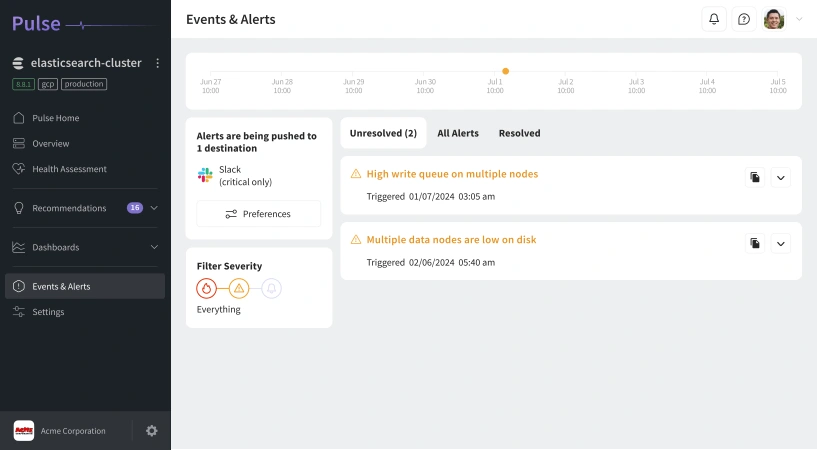 Inside Pulse events and alerts page
